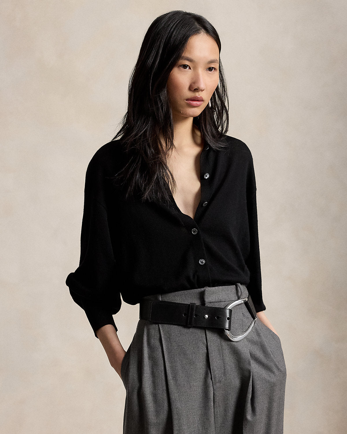 Polo-Collar Wool Blouson Cardigan