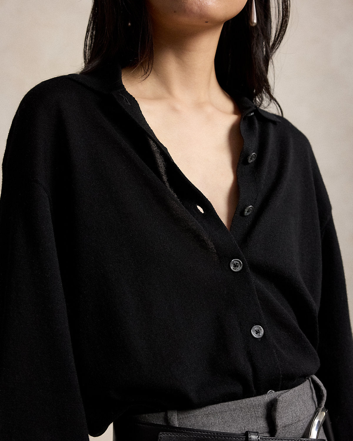 Polo-Collar Wool Blouson Cardigan