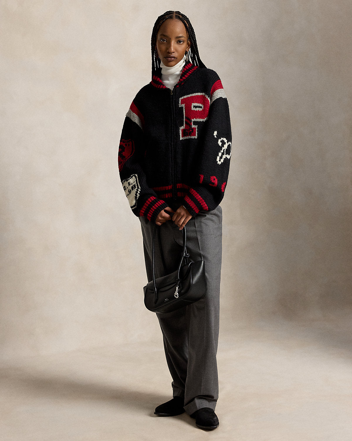 Wool-Blend Letter Zip Cardigan