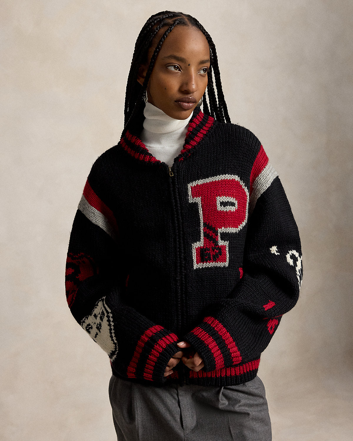 Wool-Blend Letter Zip Cardigan