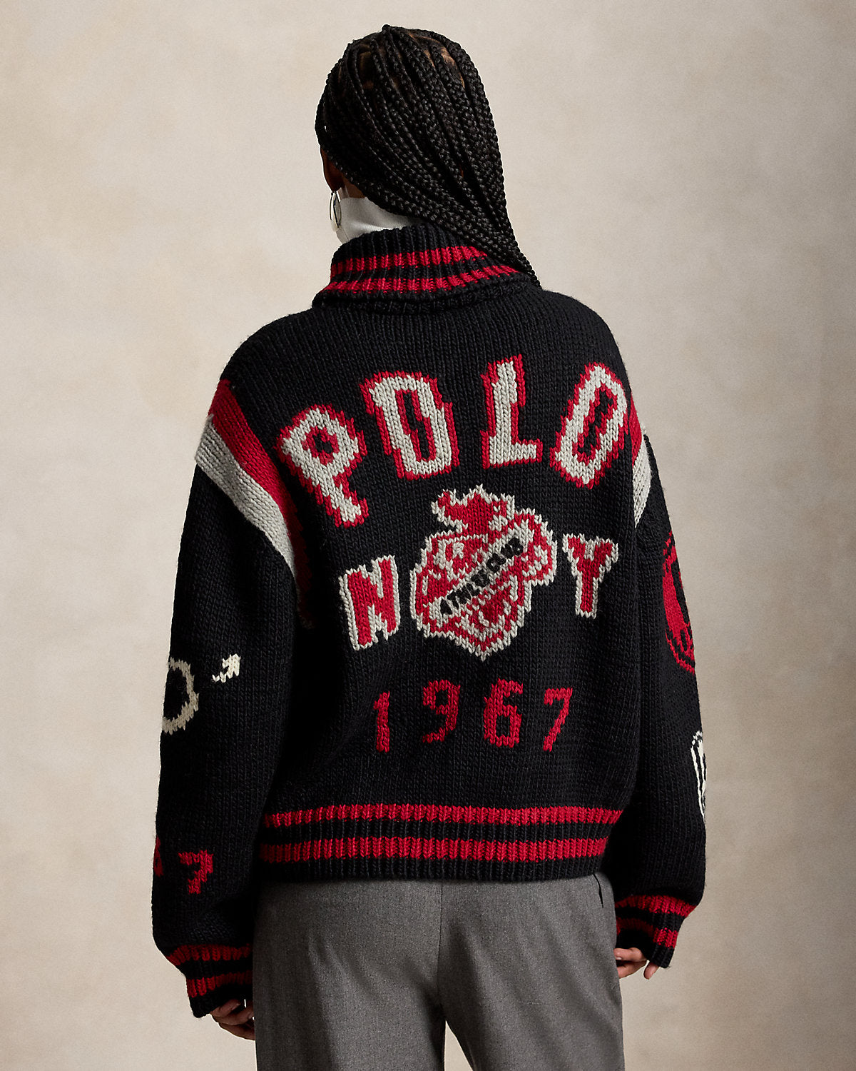 Wool-Blend Letter Zip Cardigan