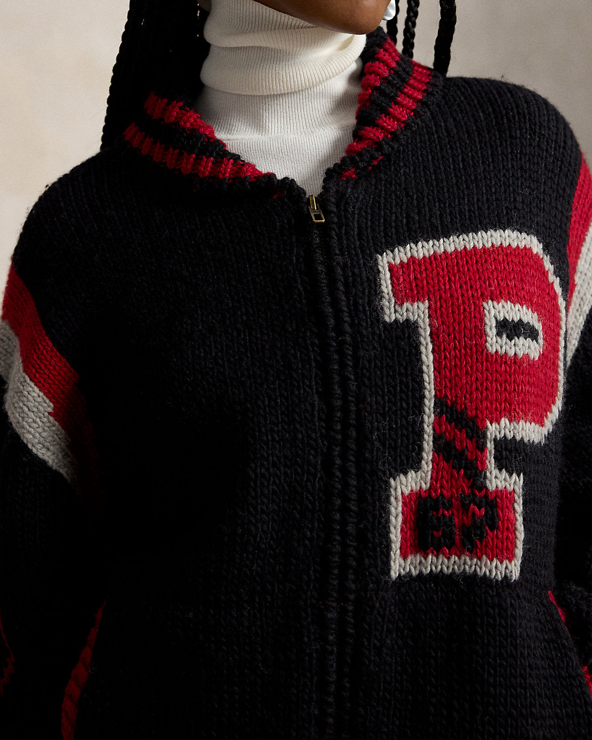 Wool-Blend Letter Zip Cardigan