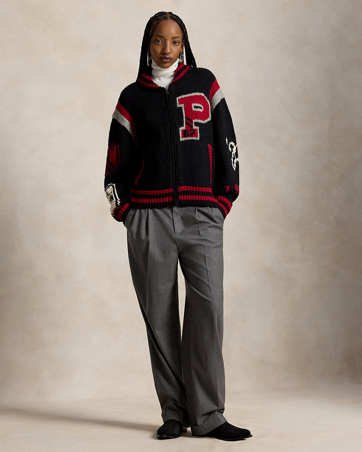 Wool-Blend Letter Zip Cardigan