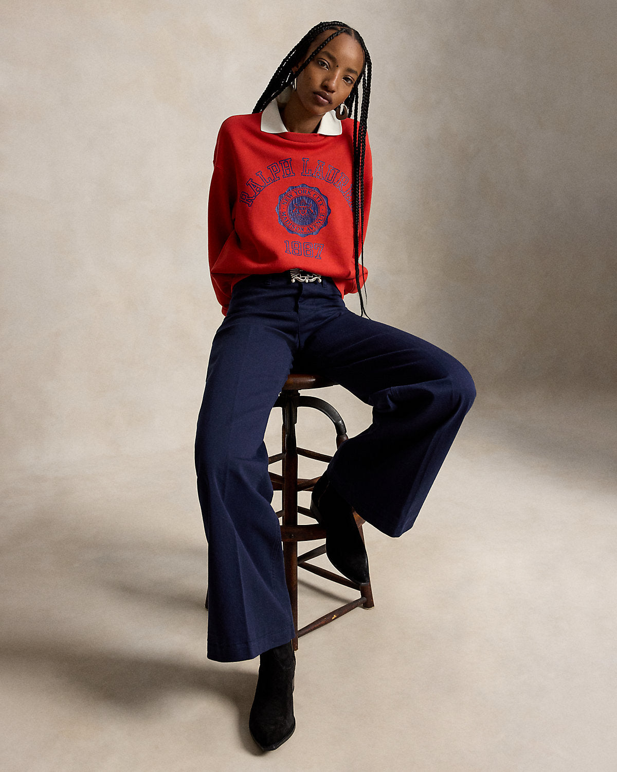 Crest Polo-Collar Fleece Crewneck