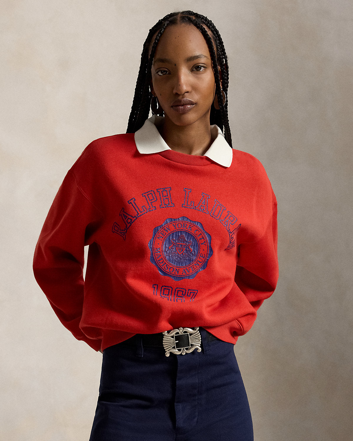 Crest Polo-Collar Fleece Crewneck