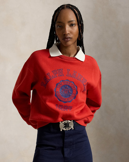 Crest Polo-Collar Fleece Crewneck
