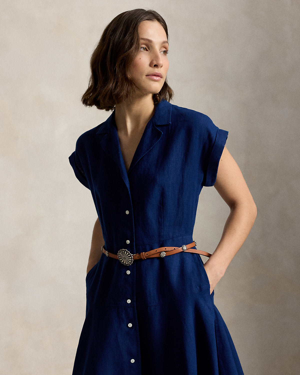 Linen Cap-Sleeve Shirtdress