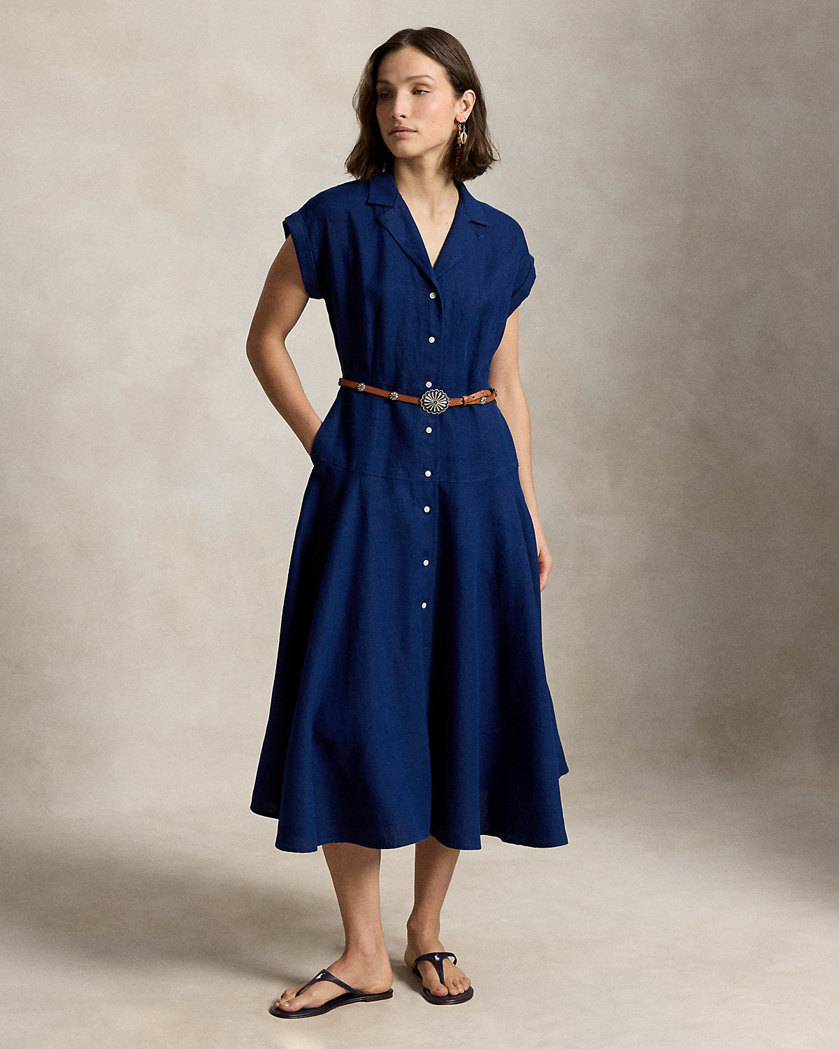 Linen Cap-Sleeve Shirtdress