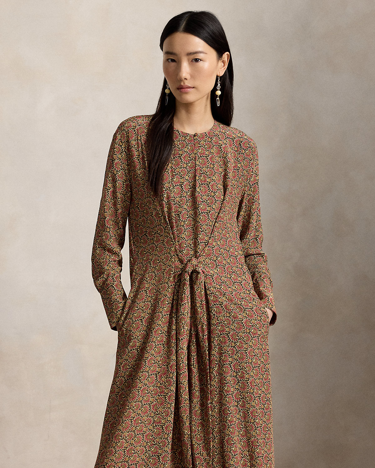 Floral Tie-Front Crepe Dress