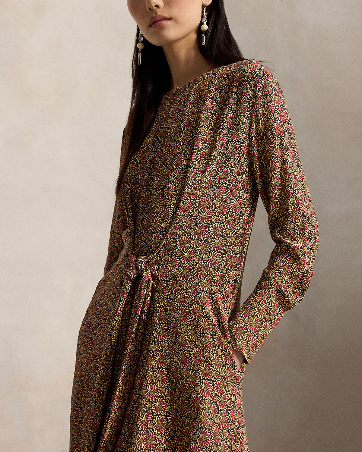 Floral Tie-Front Crepe Dress