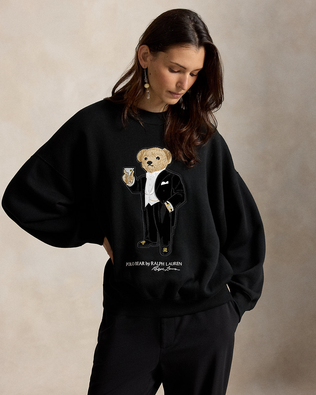 Martini Polo Bear-Patch Fleece Crewneck