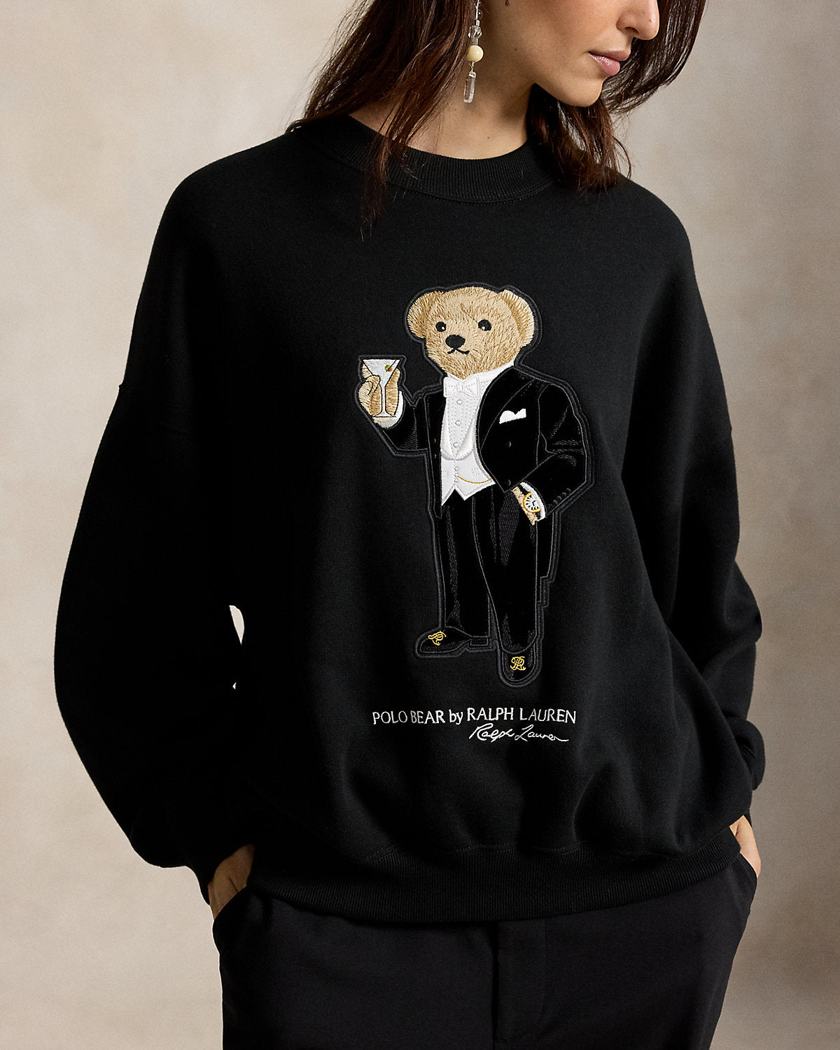 Martini Polo Bear-Patch Fleece Crewneck