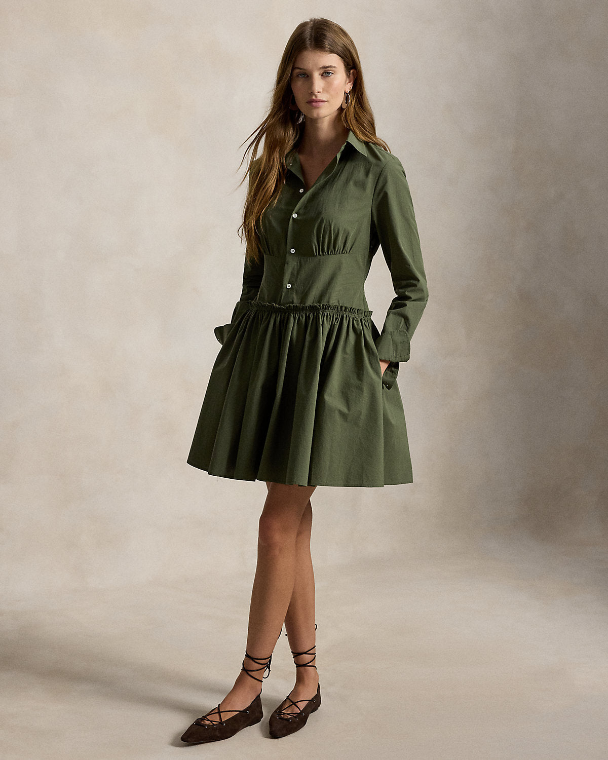 Paneled Cotton Canvas Mini Shirtdress
