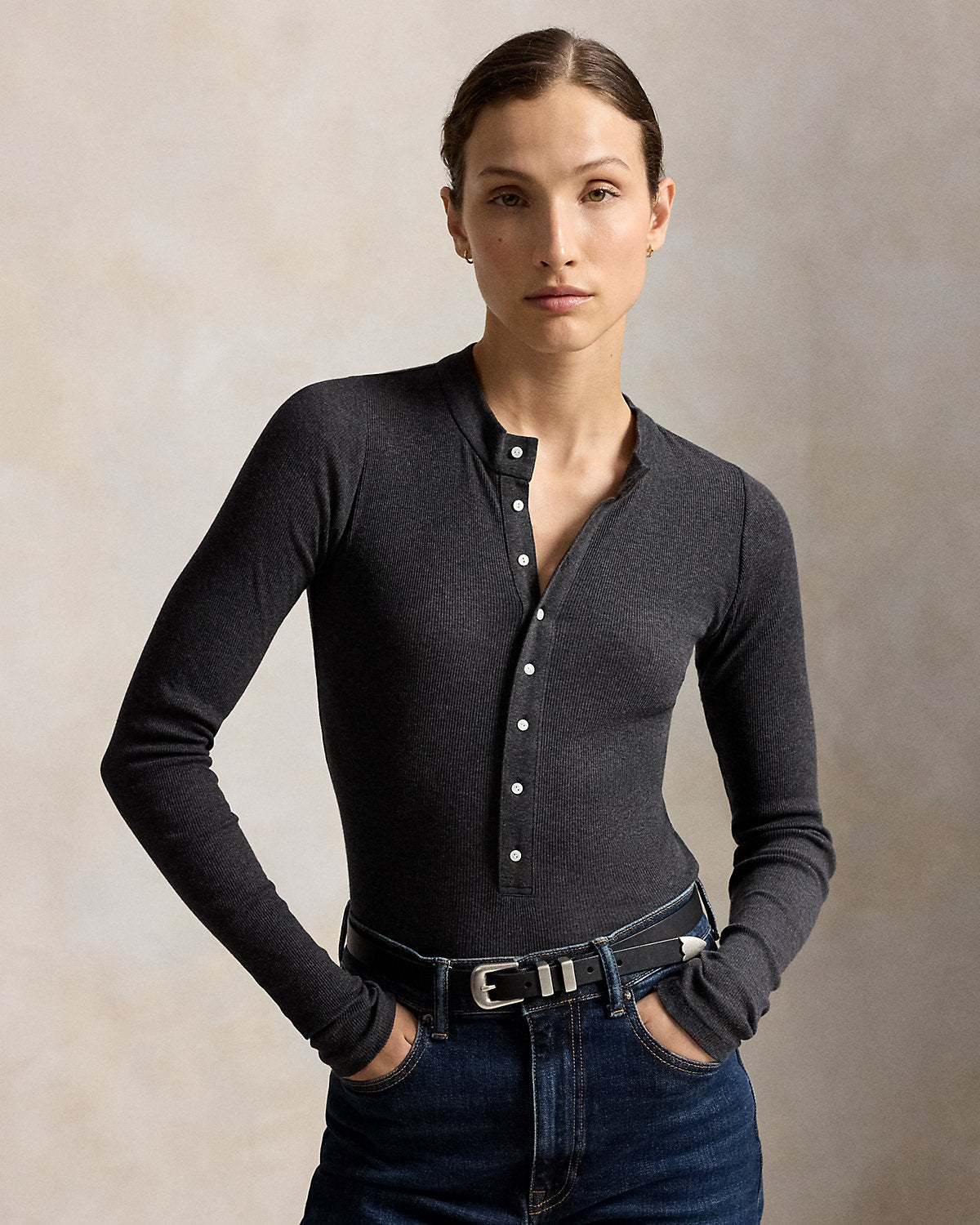 Ribbed Crepe Henley Shirt
