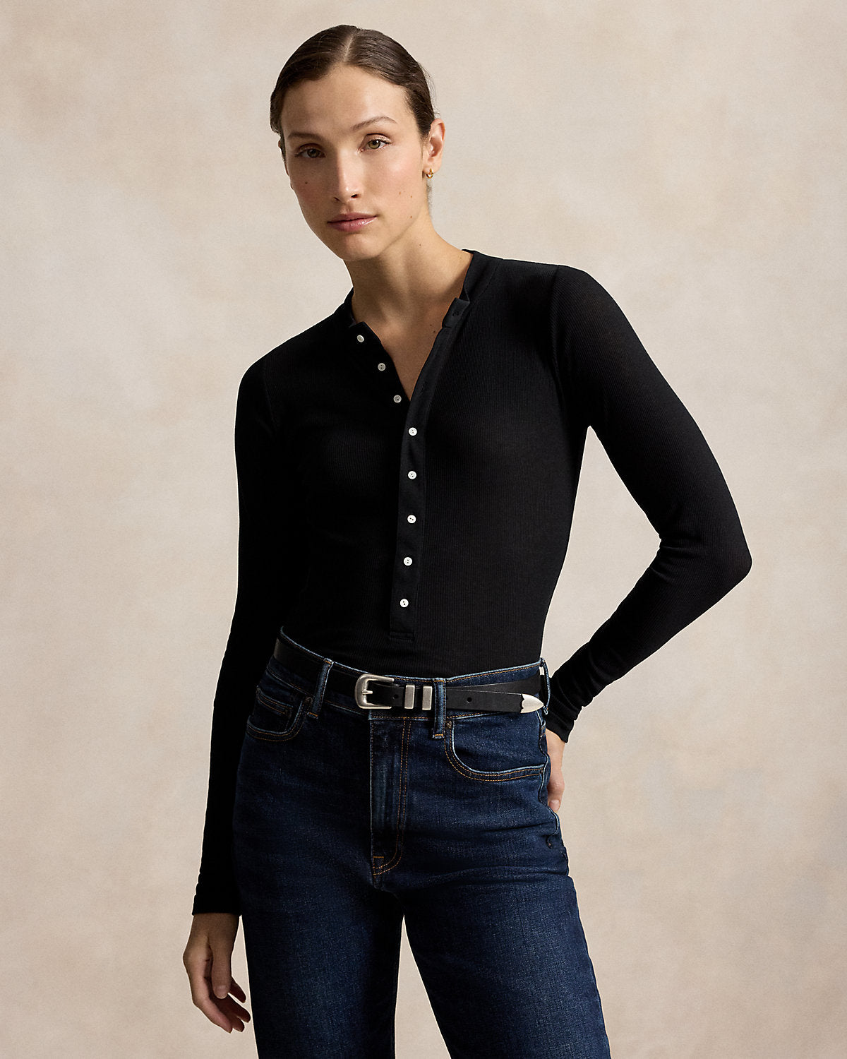 Ribbed Crepe Henley Shirt