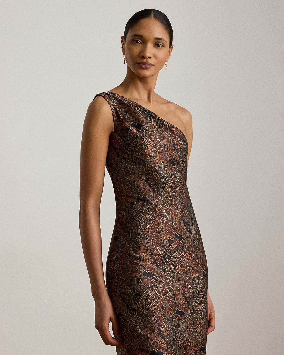 Paisley Jacquard One-Shoulder Gown