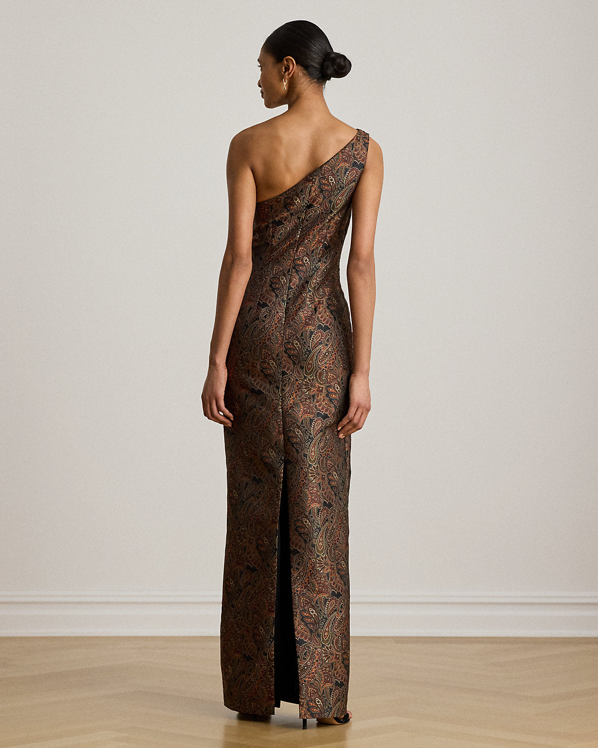 Paisley Jacquard One-Shoulder Gown
