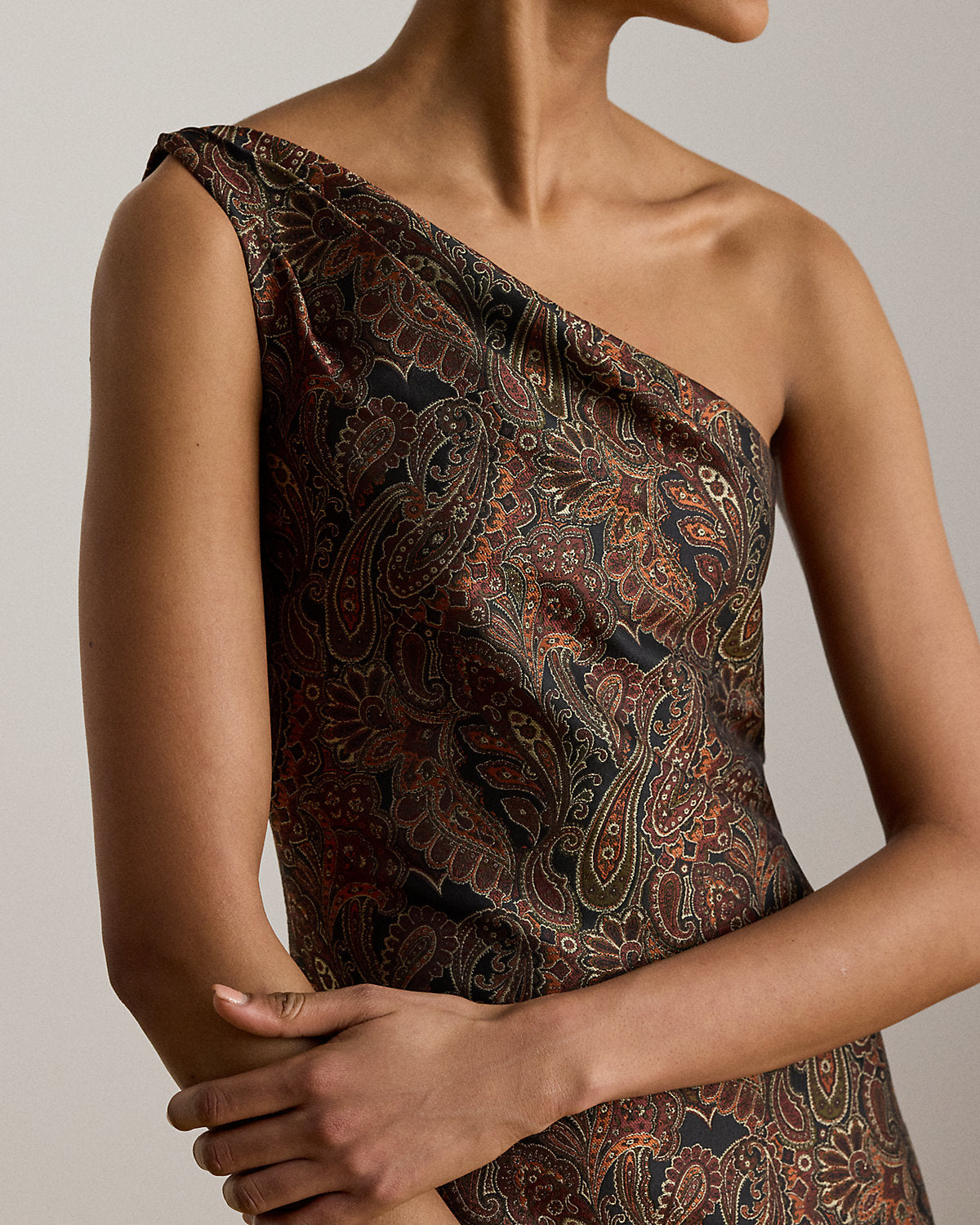 Paisley Jacquard One-Shoulder Gown