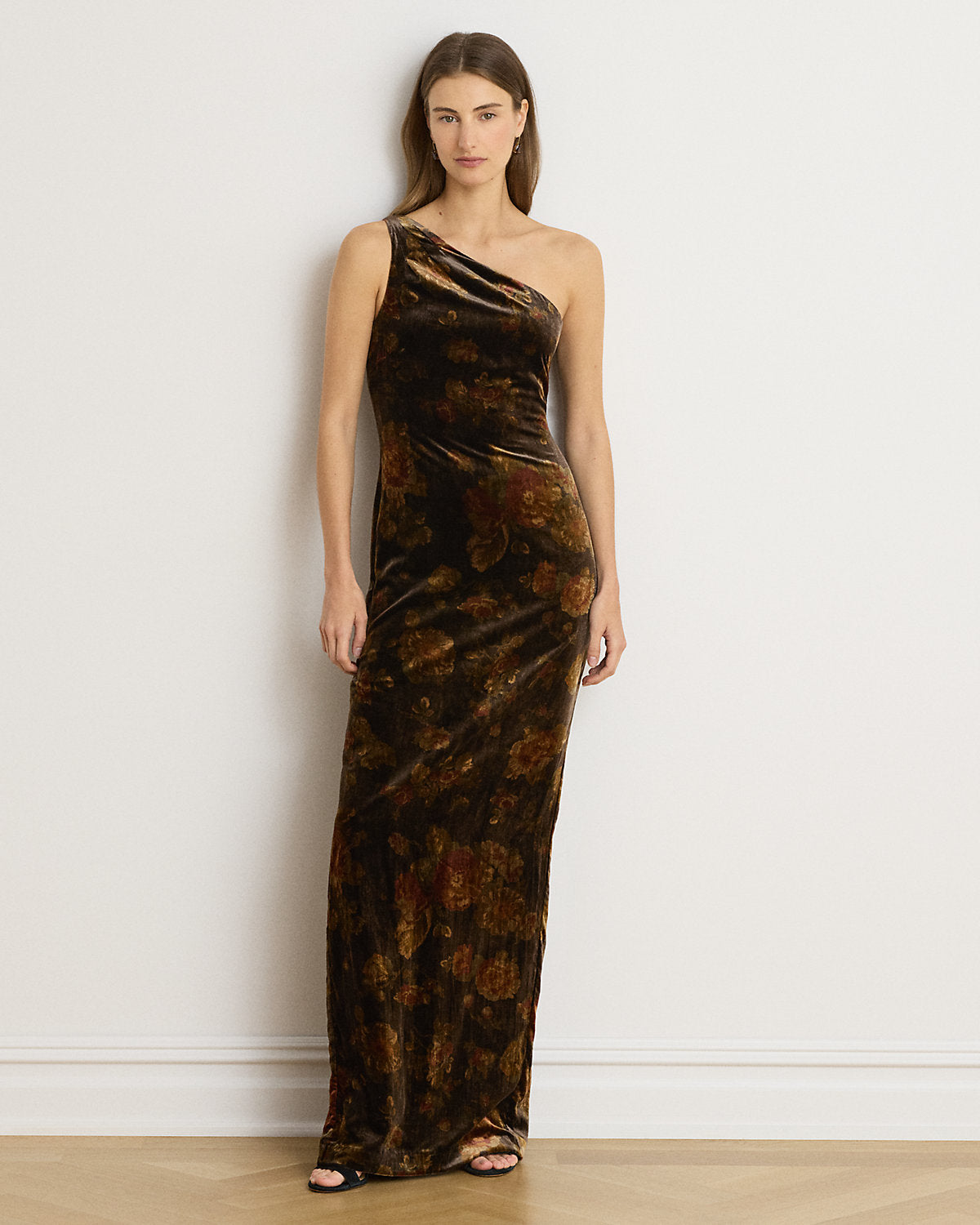 Floral Velvet One-Shoulder Gown