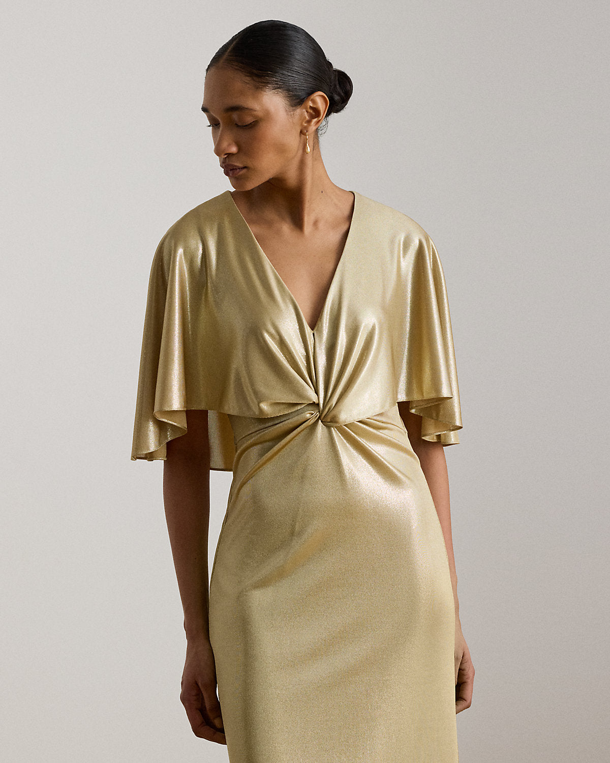Metallic Jersey Twist-Front Cape Gown