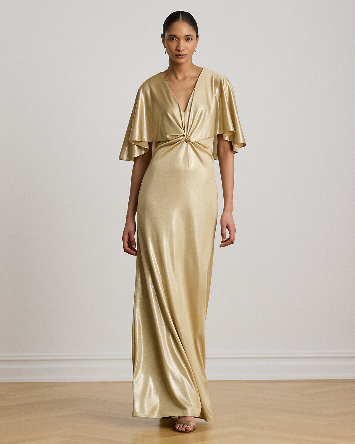 Metallic Jersey Twist-Front Cape Gown