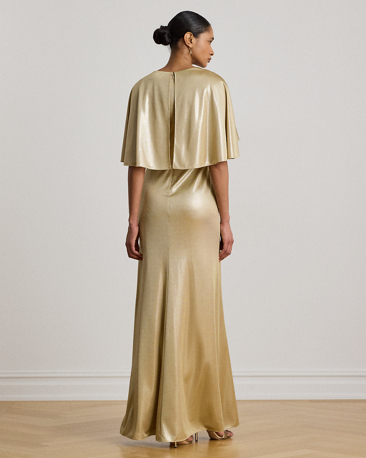 Metallic Jersey Twist-Front Cape Gown