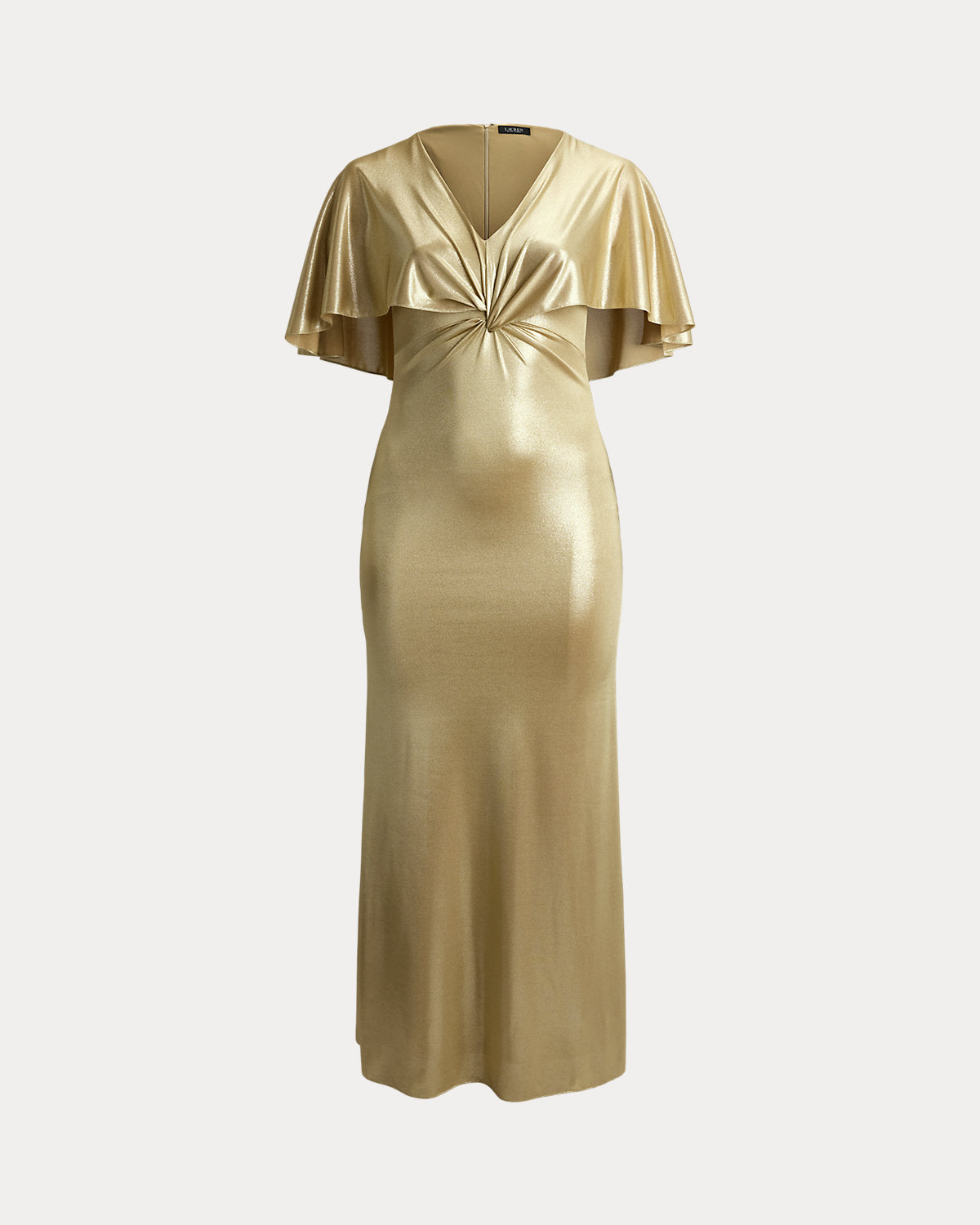 Metallic Jersey Twist-Front Cape Gown