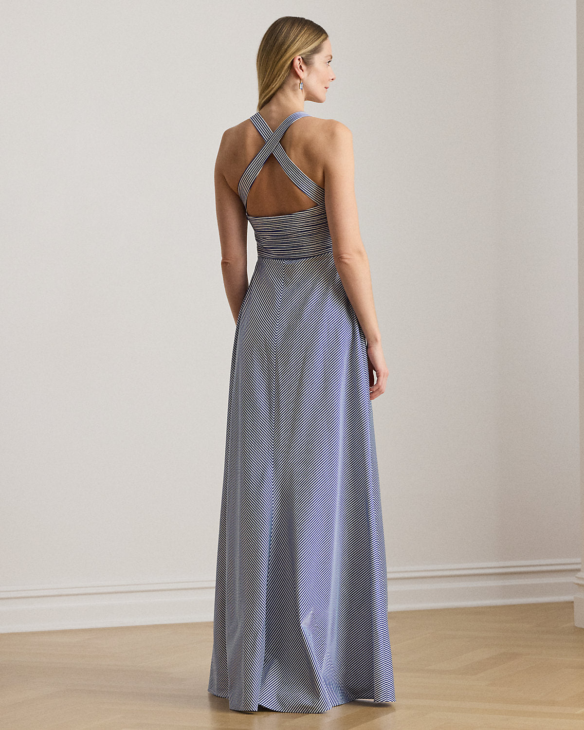 Striped Pleated Taffeta Sleeveless Gown