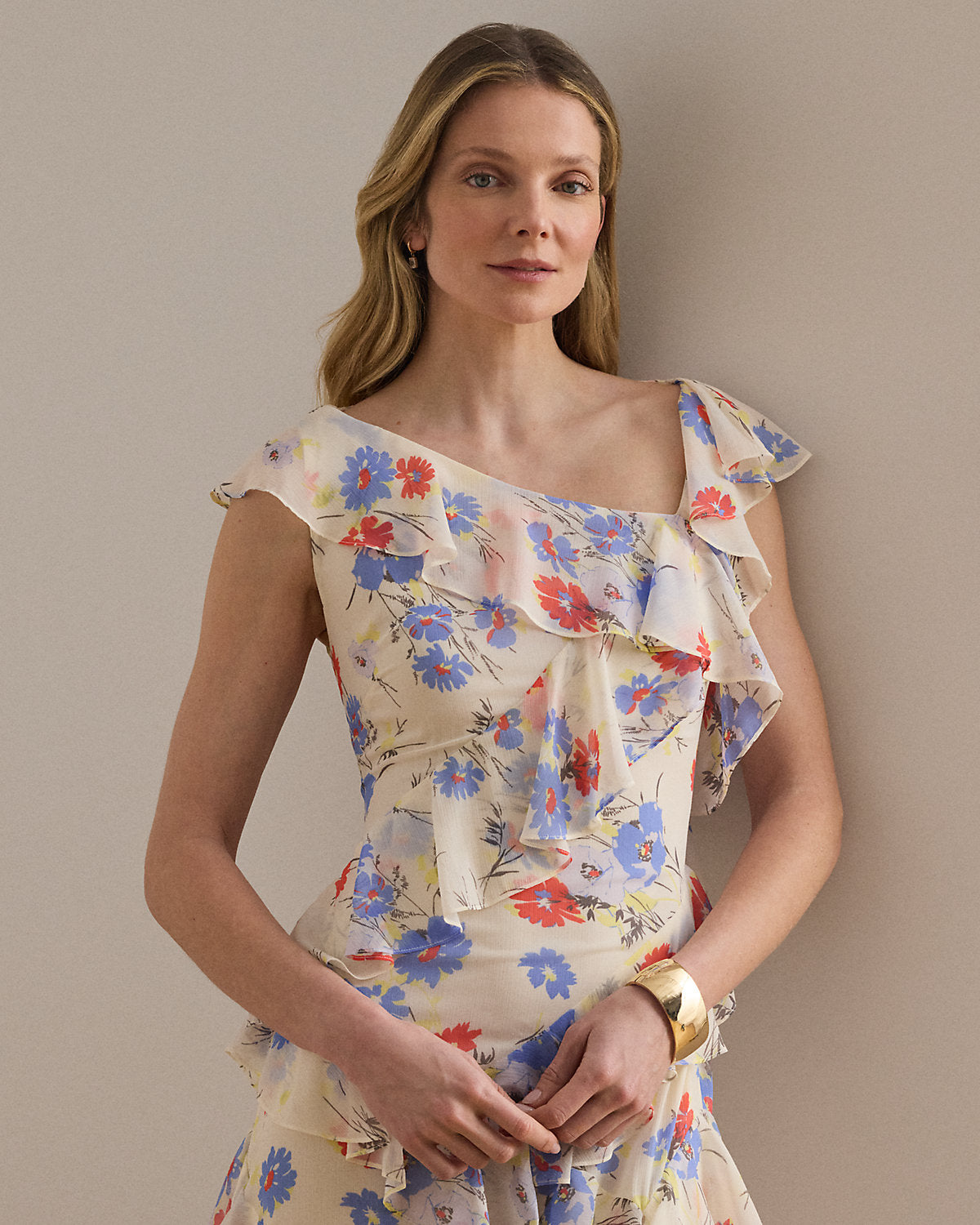 Floral Ruffle-Trim Georgette Tiered Gown