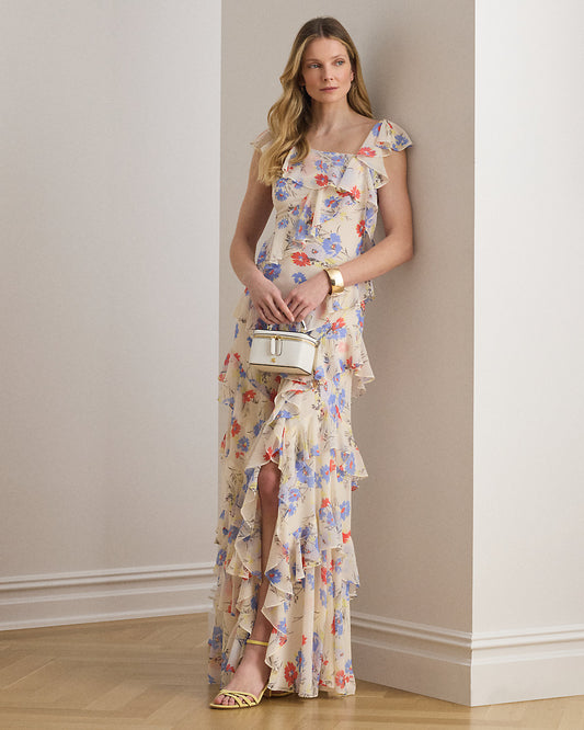Floral Ruffle-Trim Georgette Tiered Gown