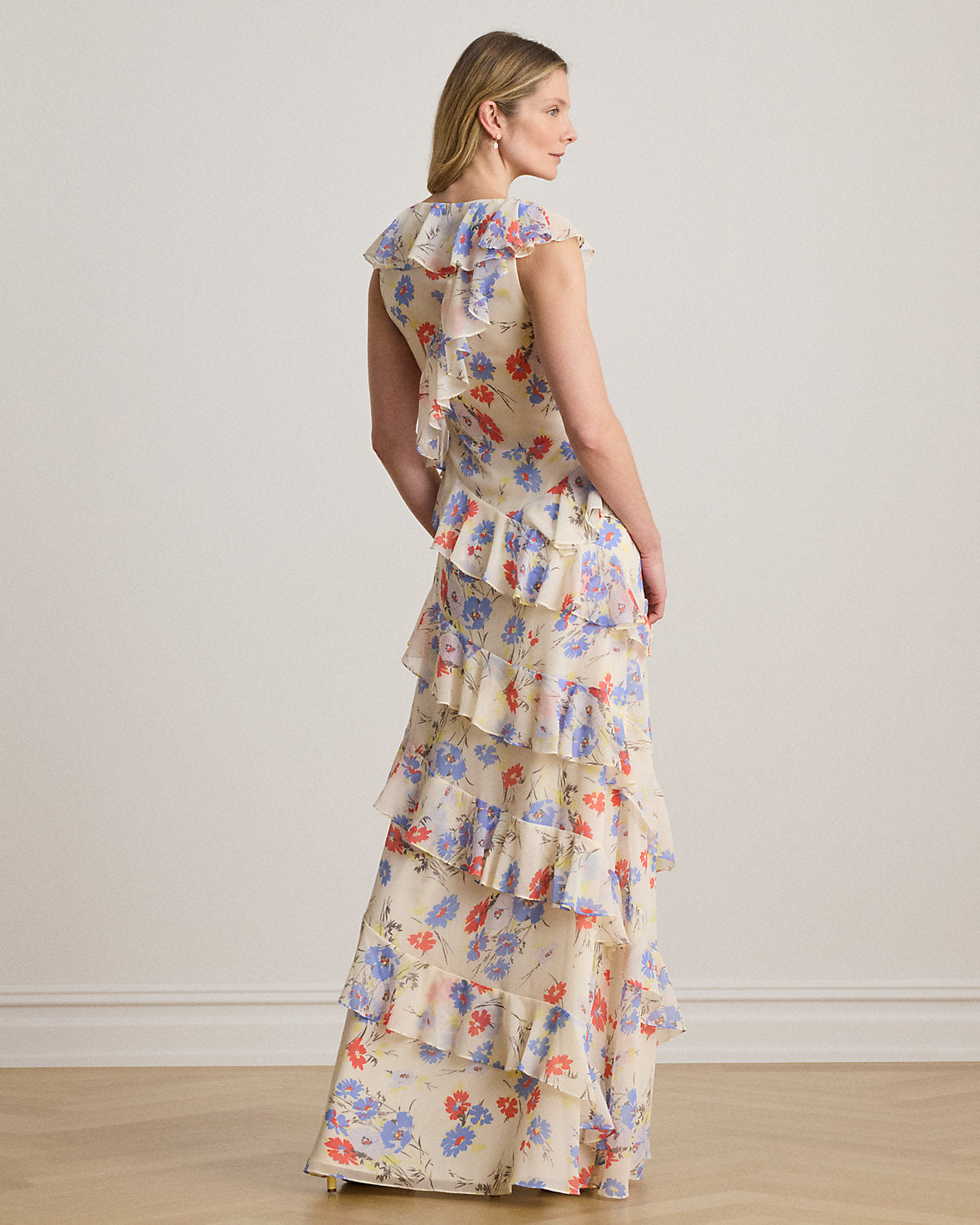 Floral Ruffle-Trim Georgette Tiered Gown