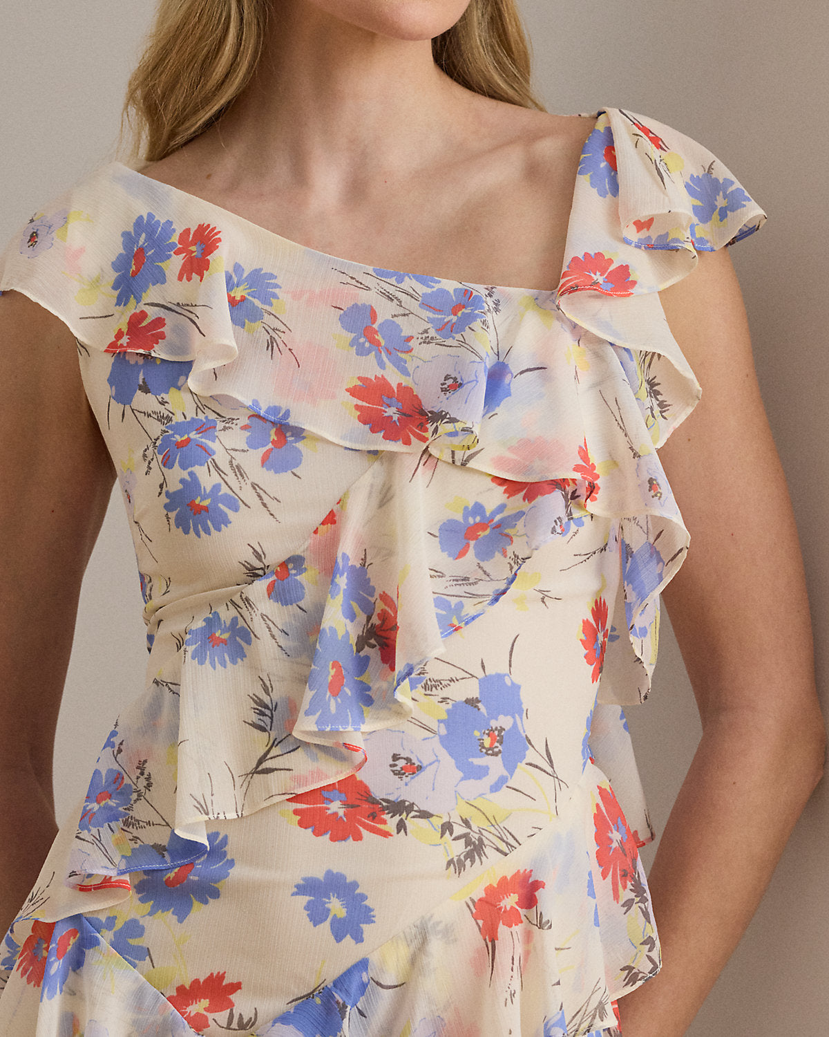 Floral Ruffle-Trim Georgette Tiered Gown