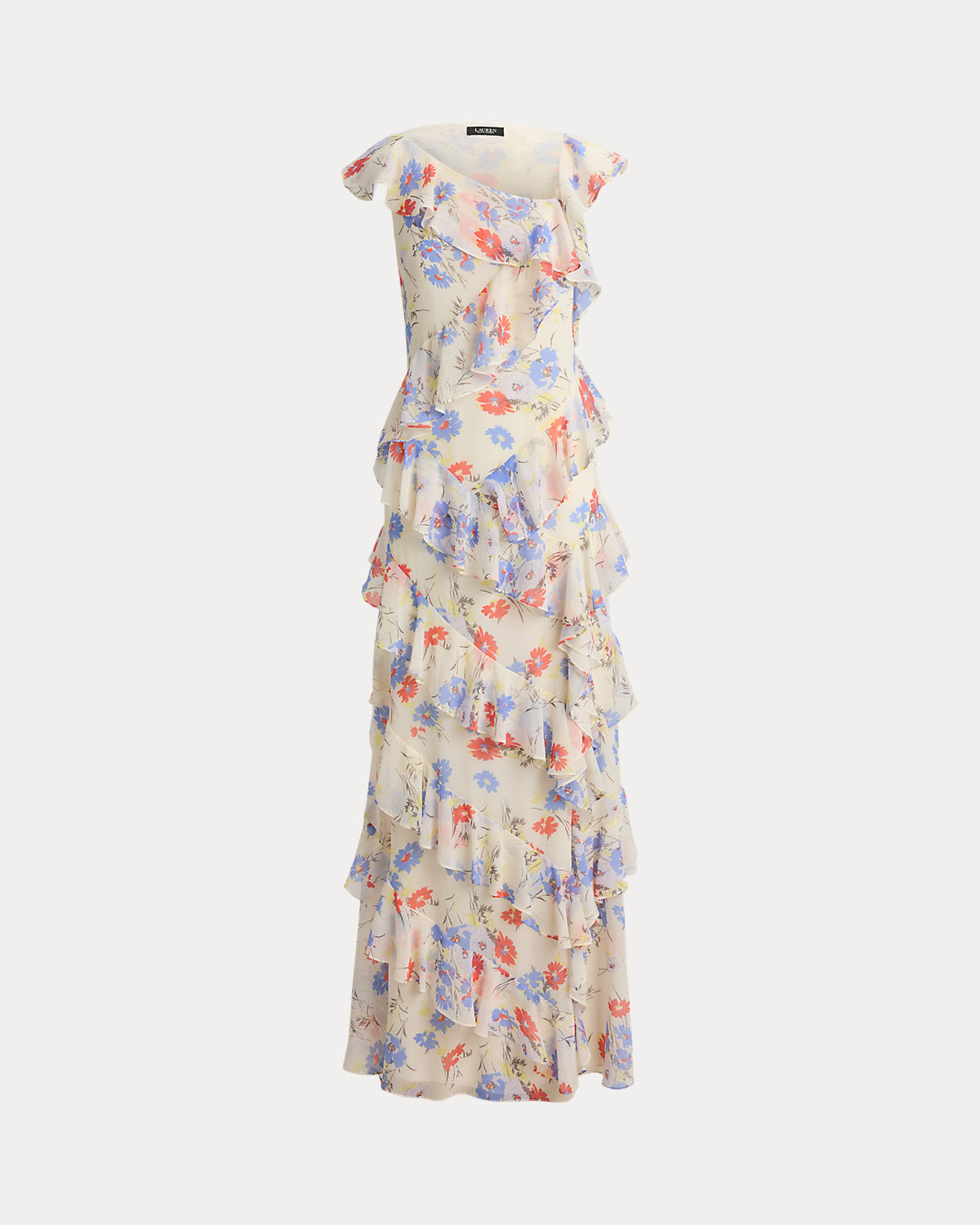 Floral Ruffle-Trim Georgette Tiered Gown