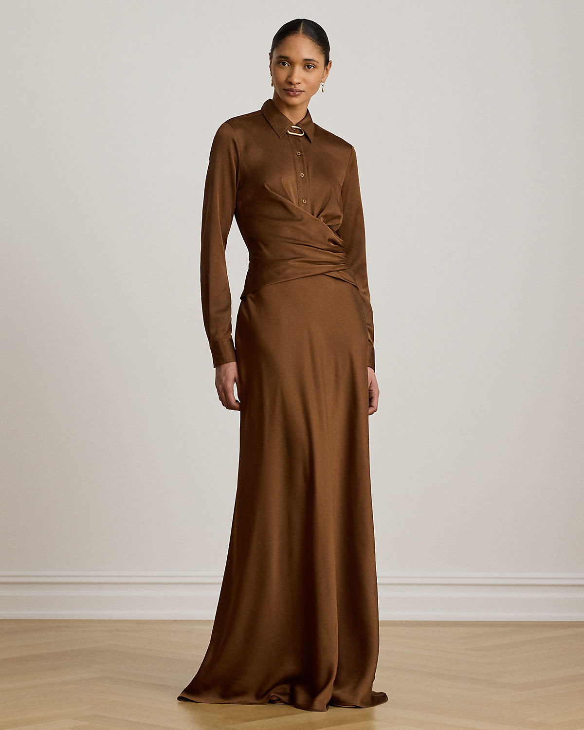 Pleated Button-Up Charmeuse Gown