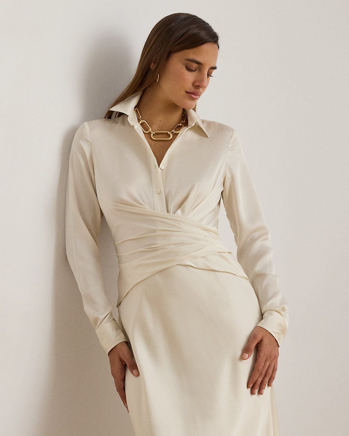 Pleated Button-Up Charmeuse Gown