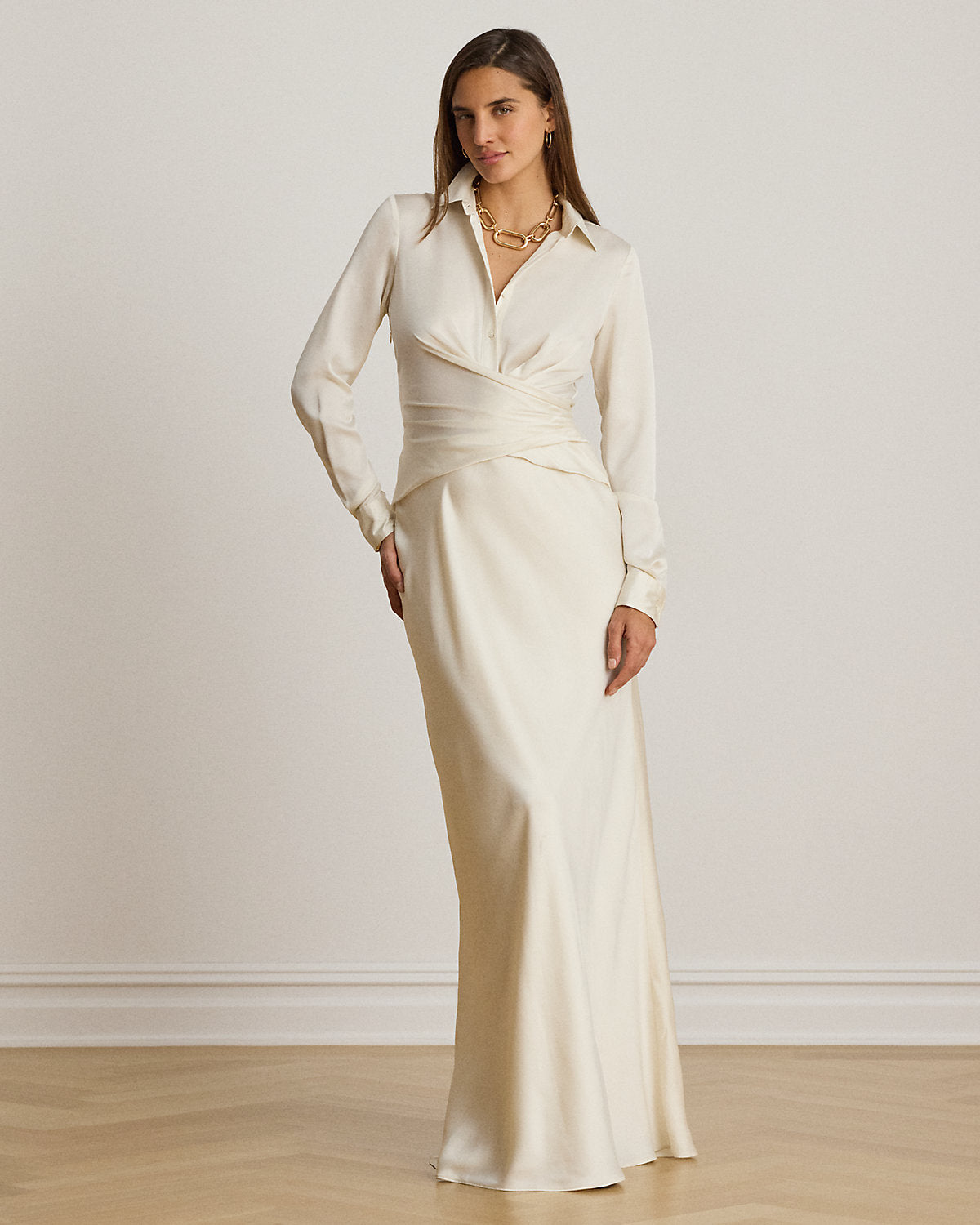 Pleated Button-Up Charmeuse Gown