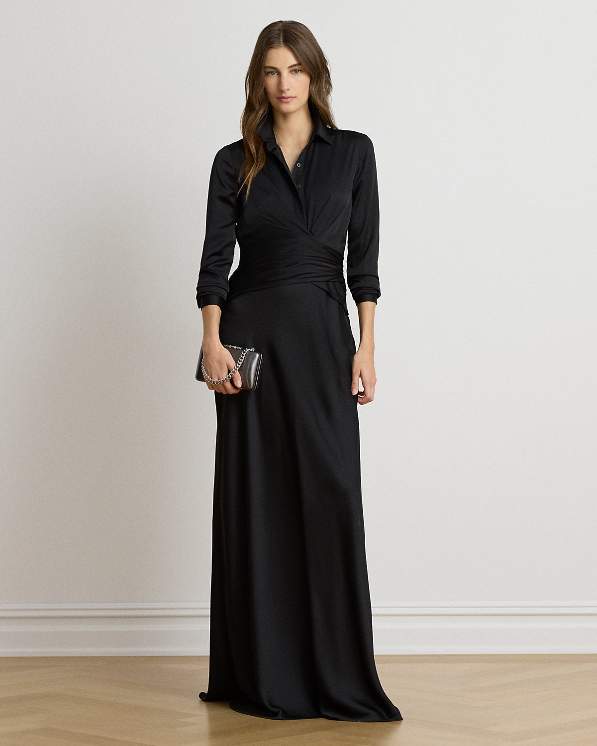 Pleated Button-Up Charmeuse Gown