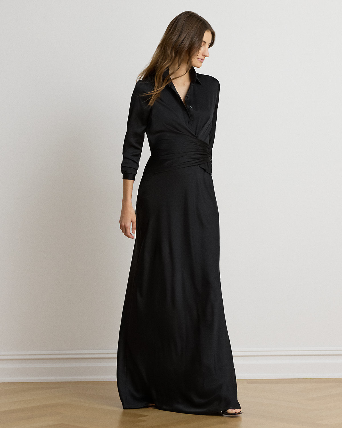 Pleated Button-Up Charmeuse Gown