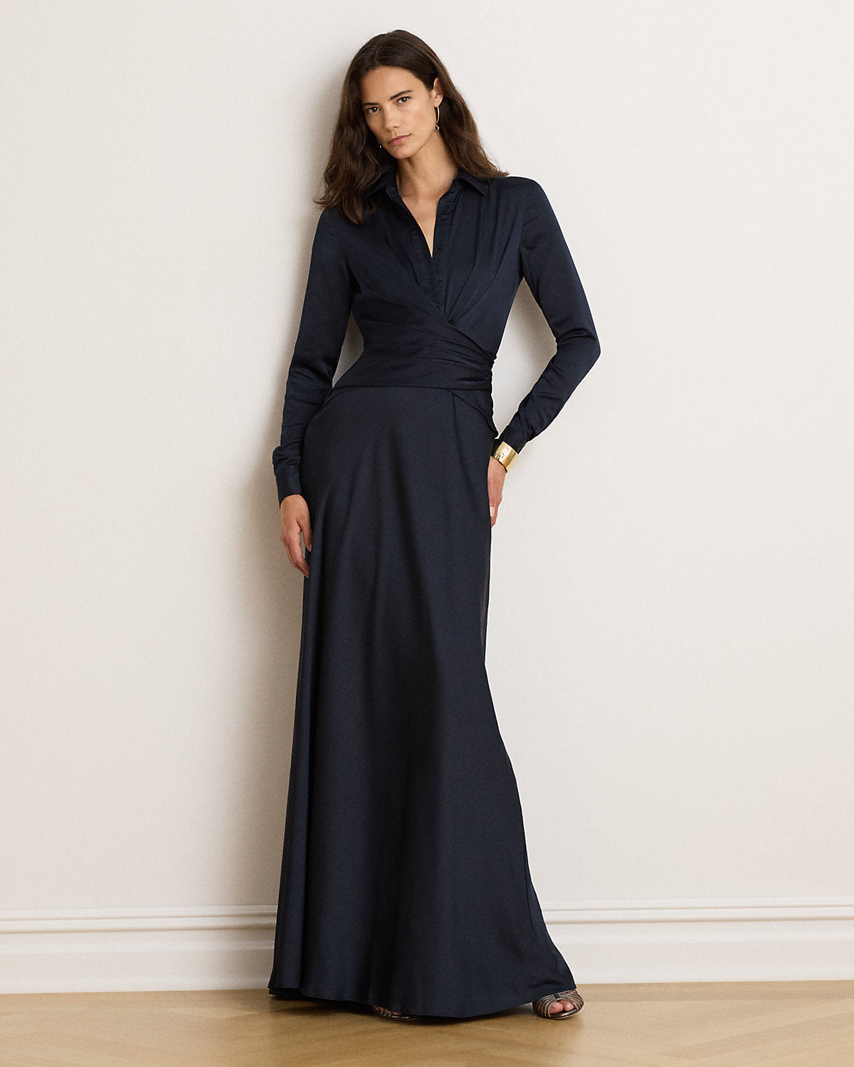 Pleated Button-Up Charmeuse Gown