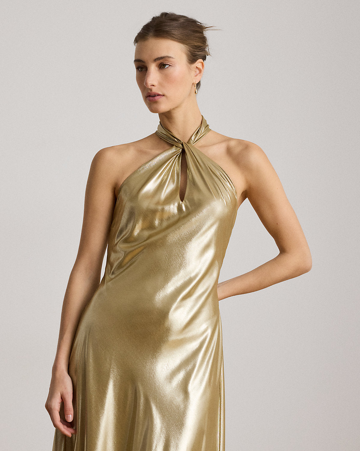 Metallic Chiffon Halter Gown