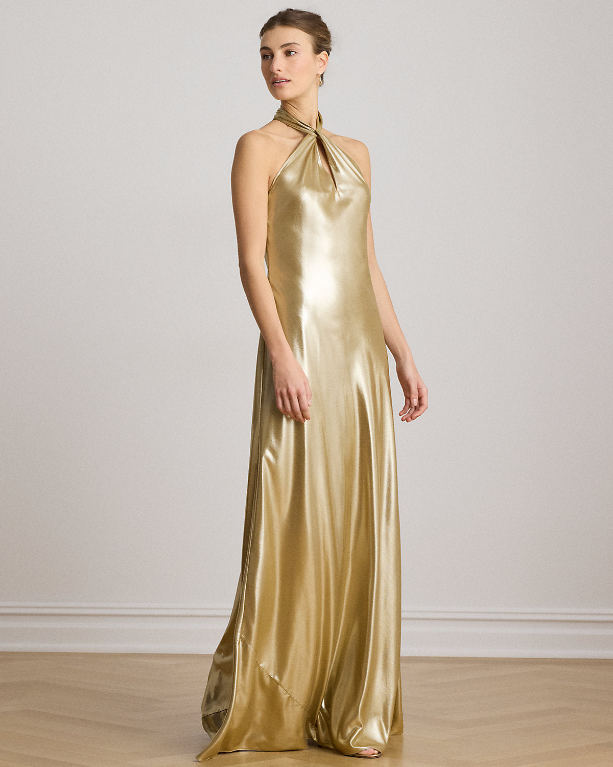 Metallic Chiffon Halter Gown