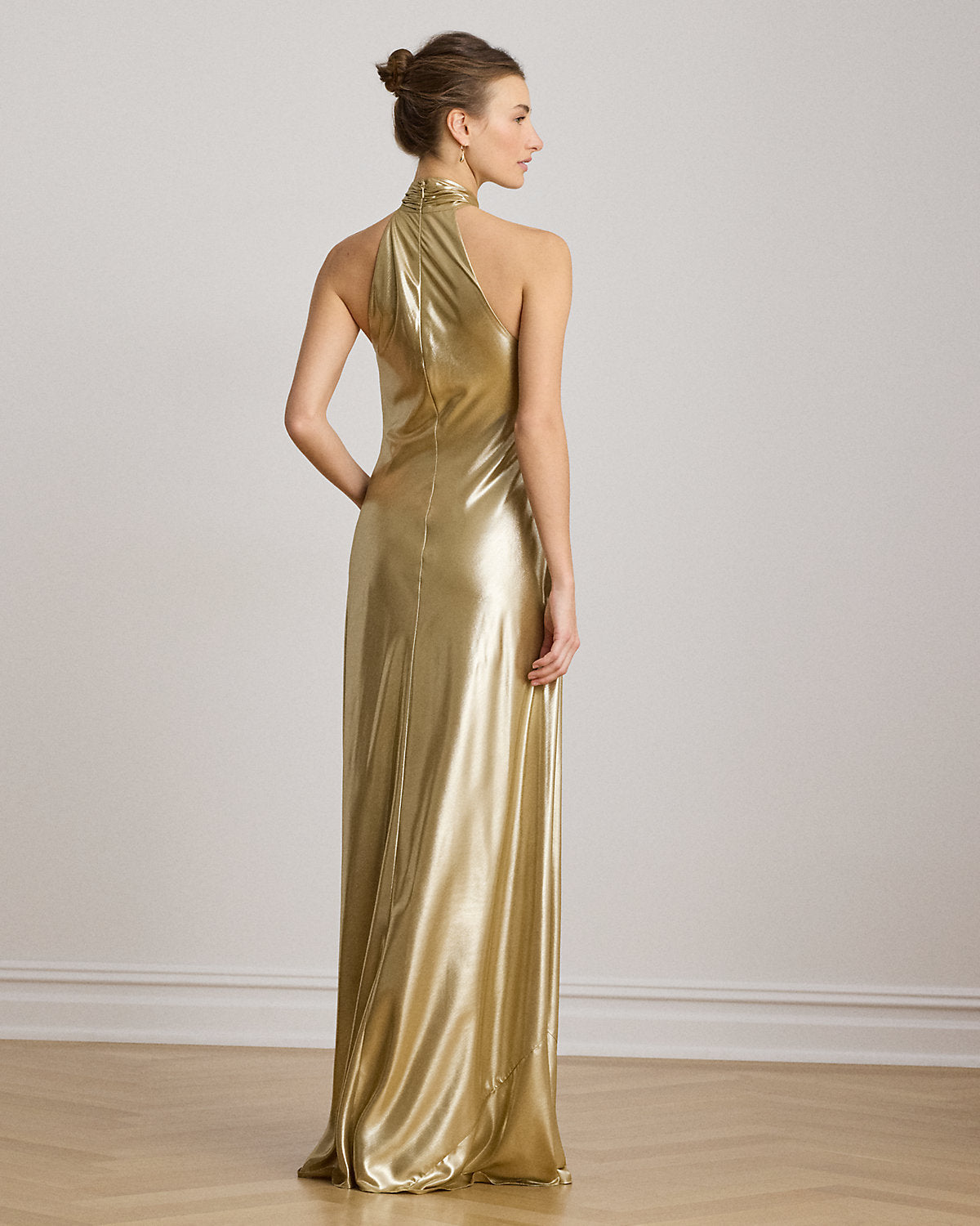 Metallic Chiffon Halter Gown