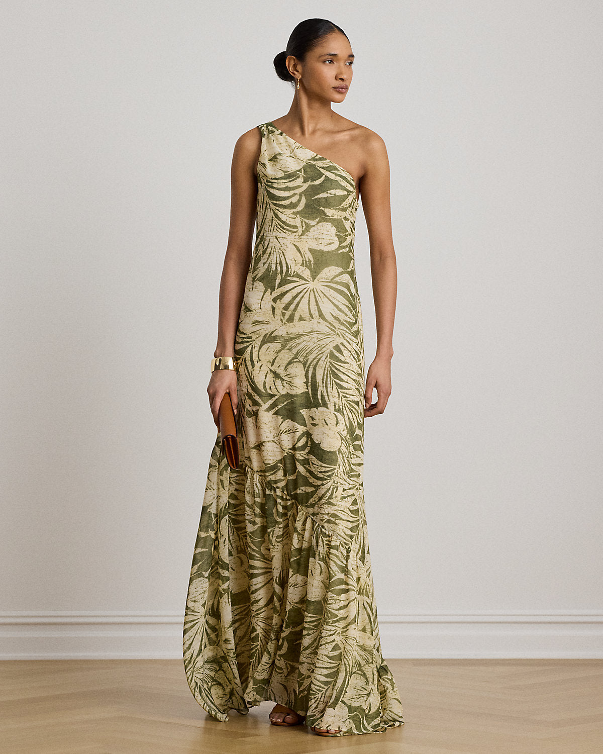 Print Georgette One-Shoulder Gown