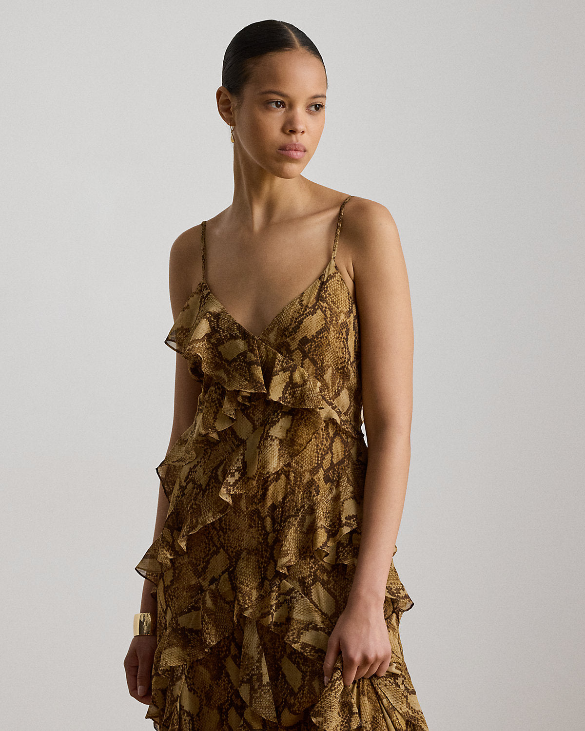 Python-Print Ruffle-Trim Georgette Gown