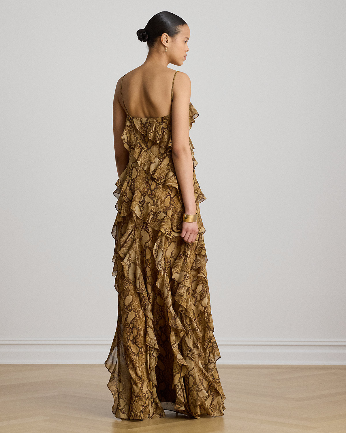 Python-Print Ruffle-Trim Georgette Gown