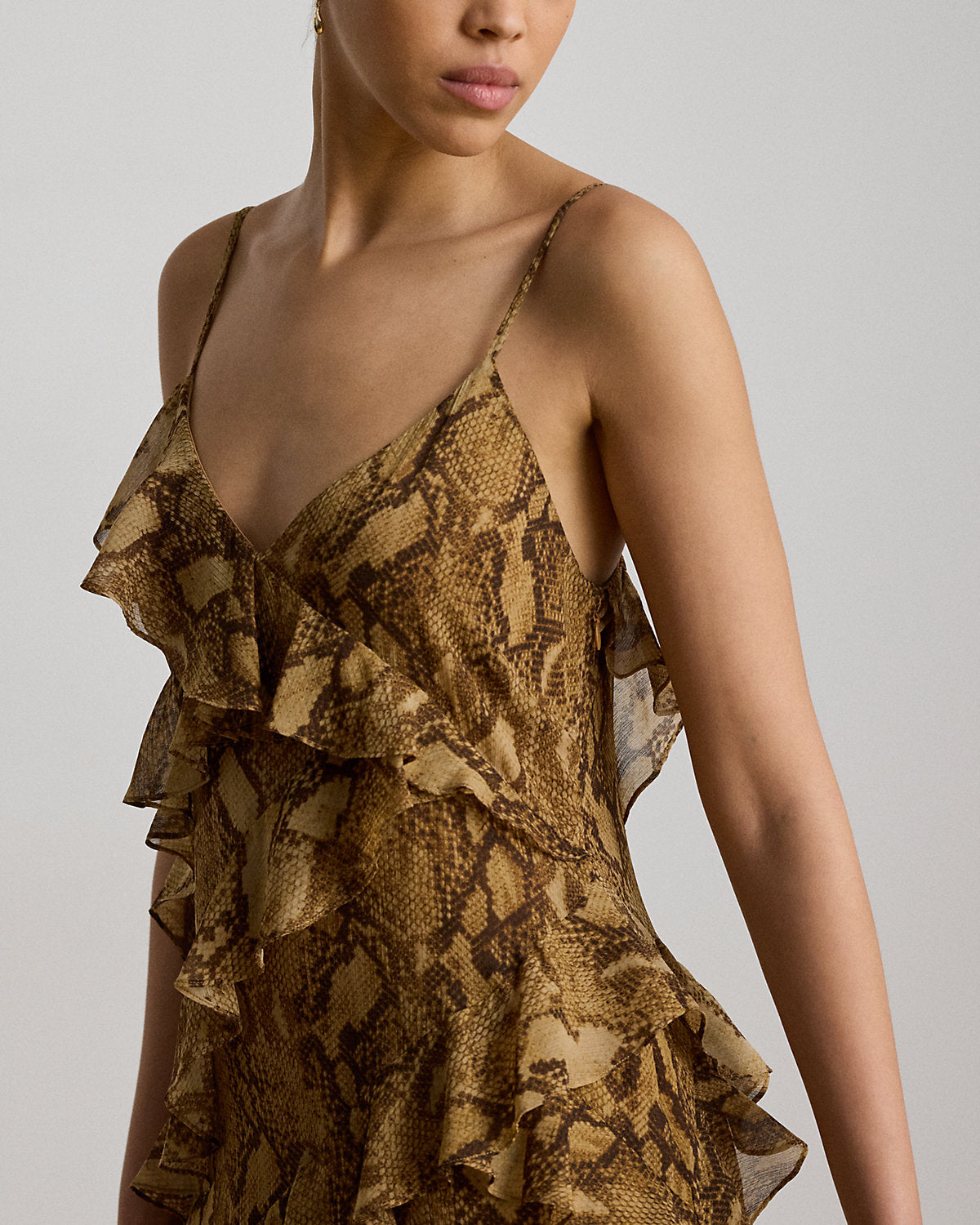 Python-Print Ruffle-Trim Georgette Gown