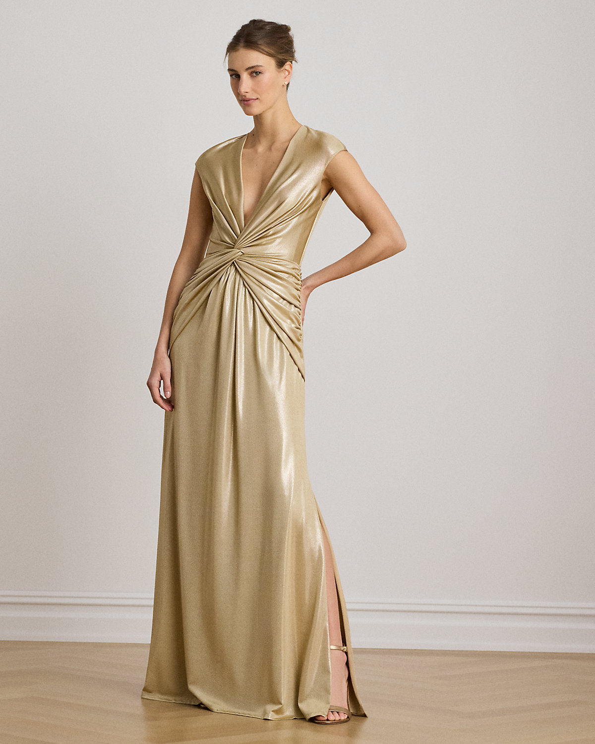 Twist-Front Metallic Cap-Sleeve Gown