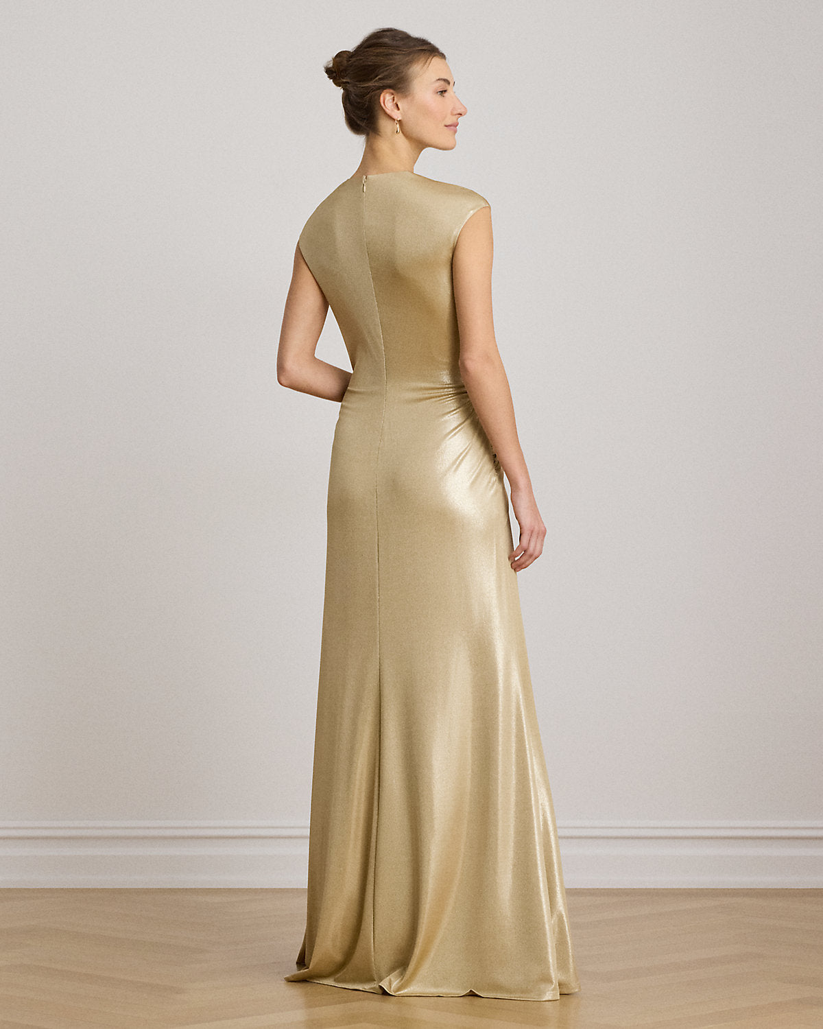 Twist-Front Metallic Cap-Sleeve Gown