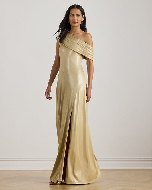 Metallic Jersey Off-the-Shoulder Gown