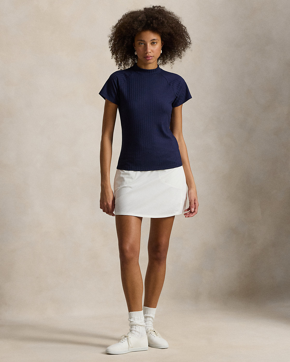 Ribbed Short-Sleeve Mockneck